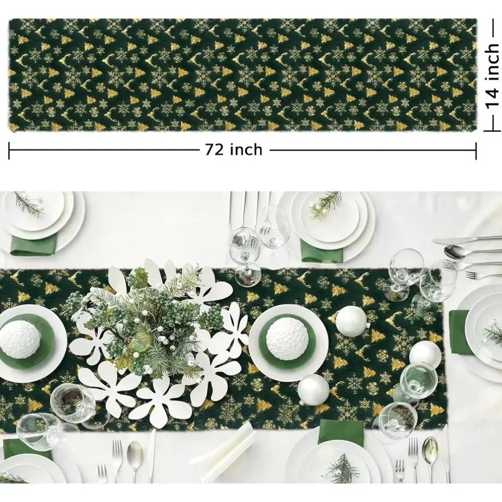 Christmas Table Runner Trees / Snow Soft Plush Faux Fur Green / Gold 14 x 72 